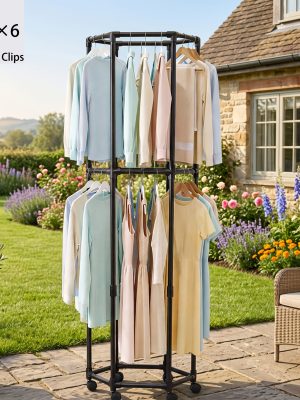 Rotating Clothing Rack with Wheels, Heavy Duty Metal Garment Rack for Hanging Clothes, Multifunctional Rotating Clothing Organizer, Freestanding Closet Organizer for Bedroom, Laundry Room, Space Saving Closet Storage for Coats, Dresses, Pants