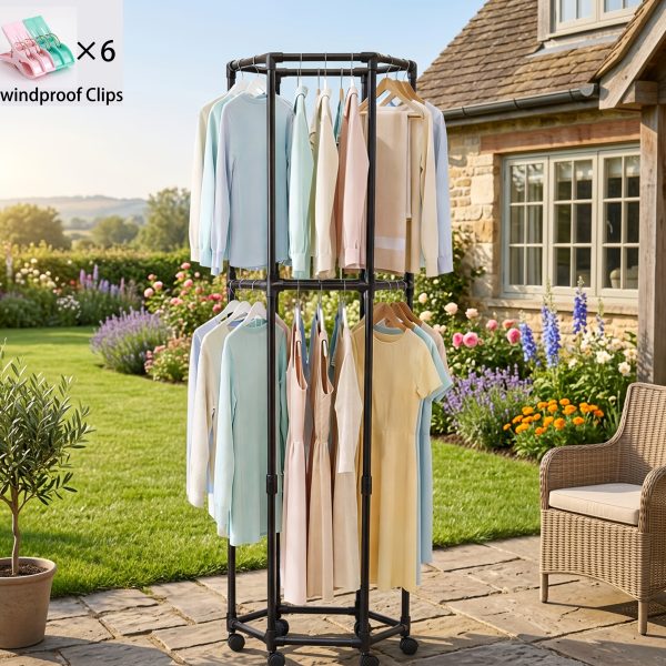 product-fancy-2fe97c45-a01d-4eec-b629-bc67567a2aea Rotating Clothing Rack with Wheels, Heavy Duty Metal Garment Rack for Hanging Clothes, Multifunctional Rotating Clothing Organizer, Freestanding Closet Organizer for Bedroom, Laundry Room, Space Saving Closet Storage for Coats, Dresses, Pants