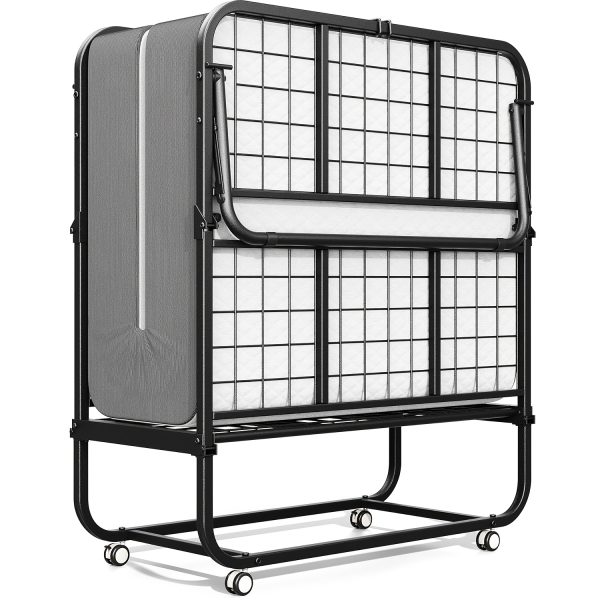 Compact & Durable 4-Section Folding Bed with Grey Fabric Cover - Sturdy Metal Frame, 75" x 31", Portable Roll-Away Design for Adults, Ideal for Guests, Students, Camping & Small Apartments, Garden Houses