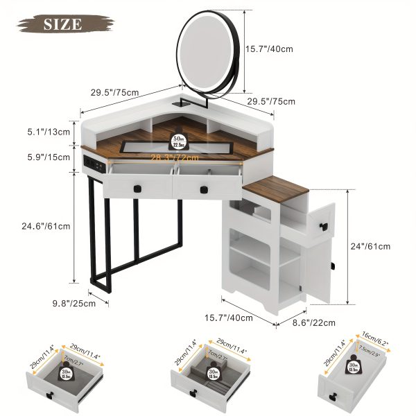 product-fancy-3022a7a5-320f-45bf-a95f-6e54cc292028 Dystler Corner Vanity With Mirror And Lights, Modern Makeup Vanity Set With Charging Station For Bedroom/Cloakroom, Glass Top Vanity Table With Drawers And Shelves, White