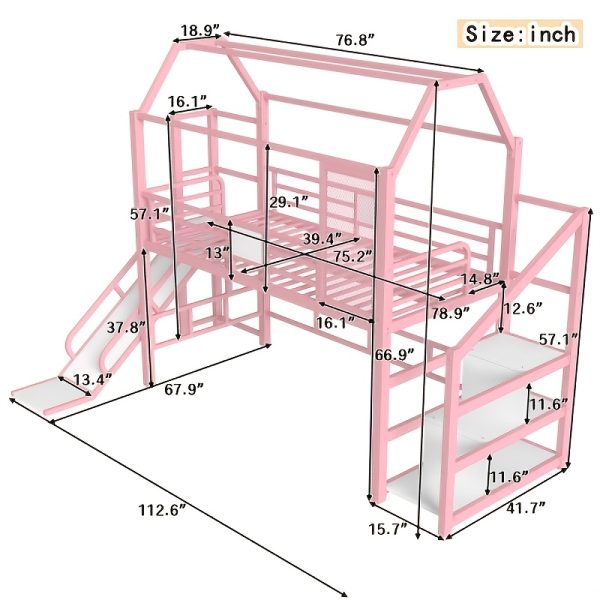 product-fancy-302ed9d0-4394-4fdc-a9fd-4c8c73052e8a BELLEMAVE 2-1 Twin Loft Bed with Slide And Stairs, Metal Playhouse Bed with Storage Shelves, House-shaped Loft Bed And Noise-free Design, Pink
