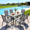 product-fancy-307d2dfd-68d6-4f58-b424-0d25977530d9 7pcs Outdoor Dining Table and Chairs for 6 People - Textilene Stackable Patio Furniture with Glass Table & Umbrella Hole Base Suitable for Deck, Poolside,, Backyard - Umbrella Not Included