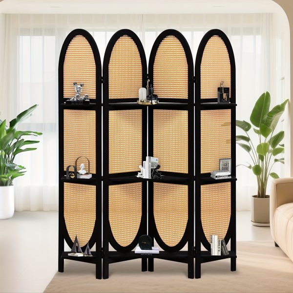 product-fancy-30d6f13a-10fb-44ac-b8a0-f7e2c372614a Four-Panel Wooden Room Divider, Collapsible with a Hand-Woven Rattan Privacy Screen - Room Partitions Featuring Three Display Shelves, Ideal for Home, Office, Study, Or Art Exhibitions