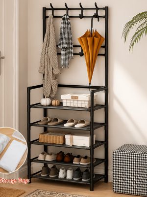 5-Tier & 3-Tier Multifunctional Storage Rack, Entryway Organizer for Shoes & Hats, Ideal for Home, Living Room, Dorm, with 10 White Shoe Storage Bags Included