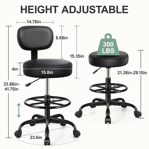 product-fancy-313abd08-6117-4ce8-abe4-7c1b0530f70f KERDOM Adjustable Height Drafting Chair with Removable Backrest & Quiet-Rolling Wheels - 300 lbs Capacity PU Leather Swivel Stool, Ergonomic Metal Frame for Office, Studio, Clinic, Kitchen, Salon (Black), Ergonomic Chair, Studio Seating, Professional Seating, Premium Materials, Heightadjustable Stool, Office Professionals, Standing Desk Stool, Sleek Design, Durable Construction, Rolling Stool, Kitchen Stool