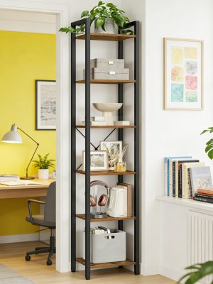Industrial 6-Tier Heavy-Duty Steel Bookcase Shelf - Tall Narrow Vertical Storage Unit with Adjustable Shelves, Freestanding Space-Saving Bookshelf Suitable for Home Office,, Bedroom - Assembly, Modern Industrial