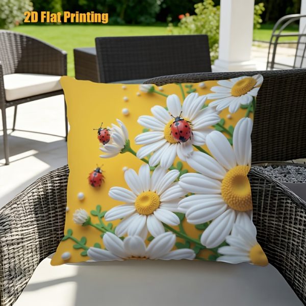 product-fancy-318a3749-4b12-4278-b603-43fc3c935955 2D Flat,Terrace Cushion Cover,1pc 18X18 Inches Quare Pillow Cover, Ladybugs Rest on Daisies.,Decoration, Gifts,Valentine Festival Gifts,Outdoor Indoor,Garden Decoration, 2D Flat