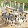 product-fancy-31bf259c-59dc-4636-925a-34c74ab30d85-1 7pcs Outdoor Dining Table and Chairs for 6 People - Textilene Stackable Patio Furniture with Glass Table & Umbrella Hole Base Suitable for Deck, Poolside,, Backyard - Umbrella Not Included