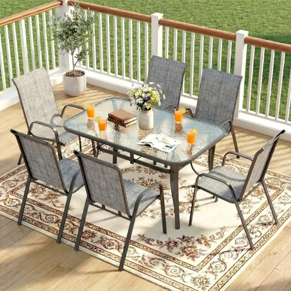 product-fancy-31bf259c-59dc-4636-925a-34c74ab30d85-1 7pcs Outdoor Dining Table and Chairs for 6 People - Textilene Stackable Patio Furniture with Glass Table & Umbrella Hole Base Suitable for Deck, Poolside,, Backyard - Umbrella Not Included
