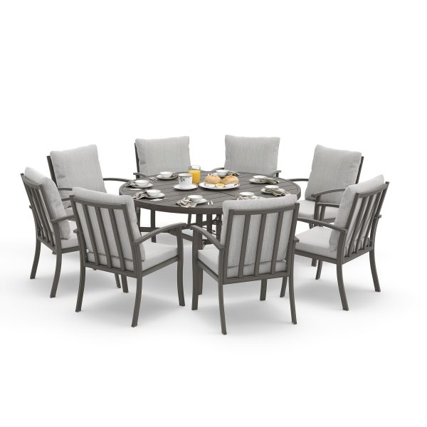 9pcs Aluminum Outdoor Dining Table And Chair Set, Suitable for 8 People, The Set Includes 1 Round Table, 8 Chairs, with Cushions And Back Cushions, Suitable for Outdoor Garden Terrace Furniture Set