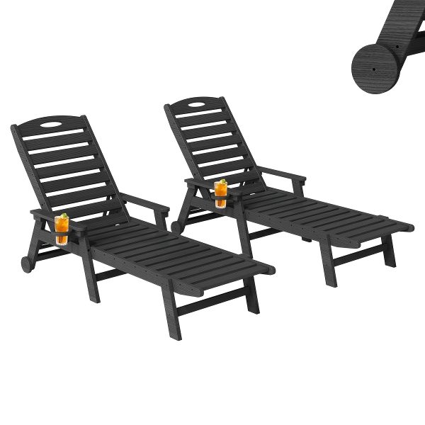 product-fancy-324a7ed0-15ac-4eda-a328-a3e753ad03a5 2pcs HDPE Wood Grain Outdoor Chaise Lounge Chairs, 78" All-Weather Patio Poolside Loungers with Wheels & Cup Holders, 5-Position Adjustable Recliners for Backyard & Summer Relaxation