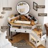 product-fancy-32a35914-cbba-417e-8d72-7b202e902e52 Dystler Corner Vanity With Mirror And Lights, Modern Makeup Vanity Set With Charging Station For Bedroom/Cloakroom, Glass Top Vanity Table With Drawers And Shelves, White