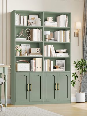 FULTRU Bookshelf And Bookcase with Doors, 6 Tier Double Wide Large Bookshelves, Open Display Shelves, 73'' Tall Bookshelf with Storage Cabinets for Home Office, Living Room, Library, White