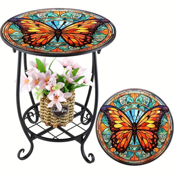 product-fancy-32f2a60e-1bde-455f-a1af-2a8b2f8bfcf7 14" Round End Table Unique Pattern Printed with Birds, Butterflies And Flowers, with A Metal Frame for Storage At The Bottom And Metal Scrollwork Accent Side Table