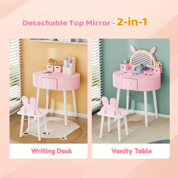 product-fancy-334782db-3237-40ad-905c-b2c52563d6f8 JOYMOR Kids Vanity Set with LED Lights, Girls Vanity Set, with Touch Screen, 3 Colors Adjustment, Solid Wood Leg, Large Drawer, 2 Storage Boxes, Kids Vanity Table and Chair Set, Birthday/Festival Gift for Girls, Animal Style