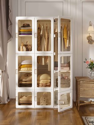 Magnetic Transparent Door Portable Wardrobe, with A Sturdy, Foldable Frame And Easy Assembly. Features 2 Or 3 Hanging Rods for Clothing Storage, Suitable for Bedrooms, Living Rooms, Dormitories, And Apartments.