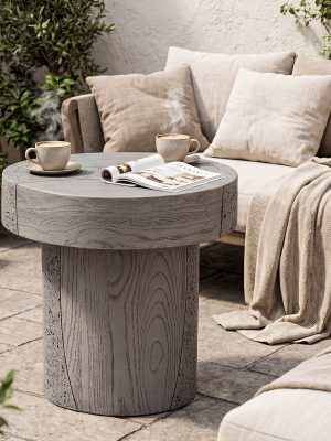 Modern Sculptural Mgo Outdoor Side Table, Grey Faux Wood And Stone Cylinder Nesting Table Set, Weather-Proof Concrete Garden Stool for Patio Living Room