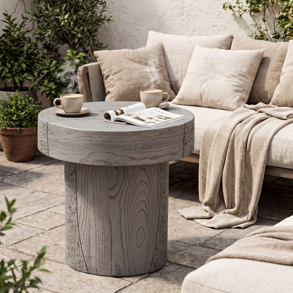 Modern Sculptural Mgo Outdoor Side Table, Grey Faux Wood And Stone Cylinder Nesting Table Set, Weather-Proof Concrete Garden Stool for Patio Living Room