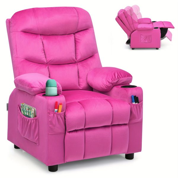 product-fancy-33eae7c5-27b9-4021-8854-9ef9f396becf Girls' Pink Velvet Recliner Chair with Cup Holder & Storage Pocket - Heavy-Duty 300lb Capacity, Ergonomic Backrest & Armrests, Manual Recliner with Safety Belt - Modern Soft Cushioned Lounge Chair for Kids & Teens, Easy Assembly, Ideal for Bedroom, Living Room, Home Theater - Durable Wood Frame & Fabric, Ideal Gift for Girls 3-12 Years (Pink, Purple, Black, White, Grey Available), Lounge Chair for Teens, Comfortable Sitting, Playroom Seating, Stylish Recliner, Highcapacity Recliner, '
