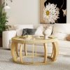 product-fancy-343022a3-a6e2-497d-b92a-67441d51234a 35.43” Vintage Boho Round Coffee Table Suitable for Living Room, Solid Wood & Engineered Wood with Curved Legs, Space-Saving Low-Profile Center Table, Natural, Assembly for Bedroom, Apartment, Rustic Decor