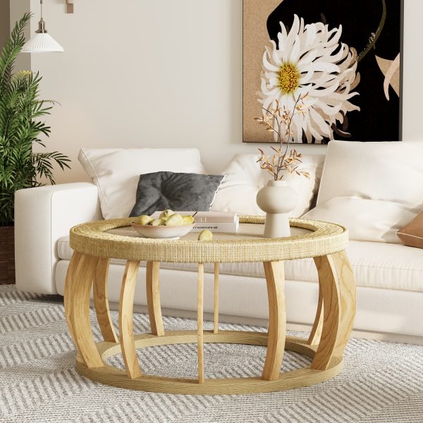 product-fancy-343022a3-a6e2-497d-b92a-67441d51234a 35.43” Vintage Boho Round Coffee Table Suitable for Living Room, Solid Wood & Engineered Wood with Curved Legs, Space-Saving Low-Profile Center Table, Natural, Assembly for Bedroom, Apartment, Rustic Decor