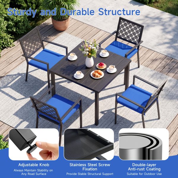 5pcs Outdoor Dining Set, Wood Grain Square Outdoor Patio Table And Chairs Set, Metal Dining Set with With 4 Spacious Dining Chair, All Weather Patio Furniture Set for Deck Garden