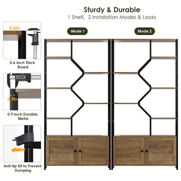 product-fancy-34e57251-4a21-4fbd-90f3-207c3b870751 76'' Tall Industrial Bookshelf with Doors, Display Large Bookcase With Storage and Organization Cabinet, Unique Geometric Metal Frame Design, Sturdy Wooden Shelves, Organizer for Library, Living Room, Bedroom, Office, White and Golden/Brown and Black