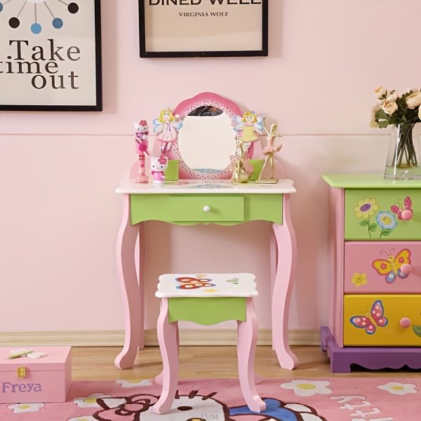 product-fancy-34f6598e-8610-488f-862f-508086c6305a Kids Vanity Set - Princess Deluxe Vanity Table Set 2-in-1 Wooden Writing Desk & Stool, Mirror & Drawer, Perfect for Kids' Pretend Play, Developing Creativity And Fine Motor Skills, Durable Construction, Easy to Assemble, Best for Girls Christmas Gift