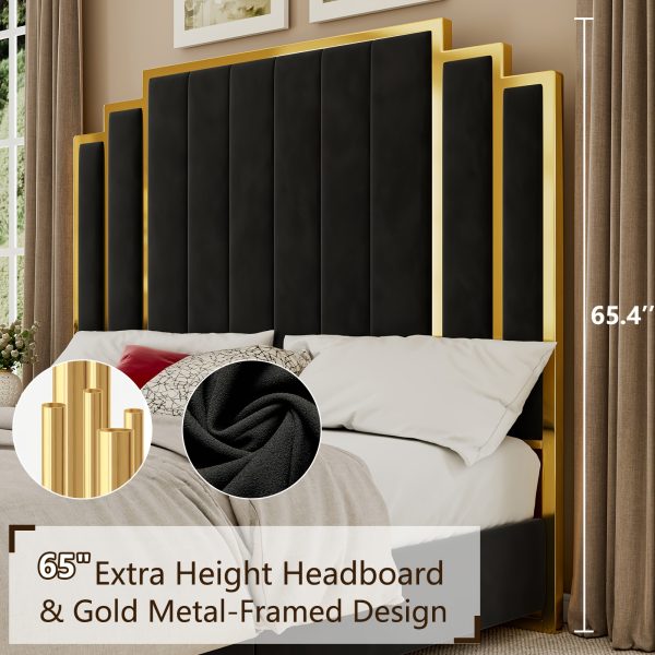 product-fancy-3514ddf3-fc30-440f-9bb3-fc2a7cf0b040 LUXOAK Modern Upholstered Bed Frame with 65" Headboard, Golden Plating Trim, Platform Design - No Box Spring Needed