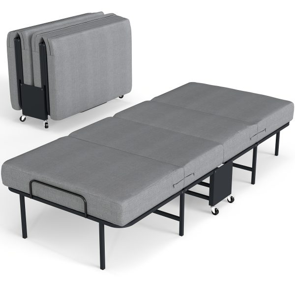 Folding Bed with Mattress, Twin Foldable Guest Bed for Adults, Roll Away Bed, Portable Bed with Memory Foam Mattress & Sturdy Metal Frame for Bedroom, Office, Apartments, Space-Saving Design for Easy Storage, 77" X 38"