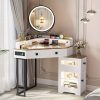 product-fancy-354d720b-1b9d-48a7-af70-5329f89e69c1 Dystler Corner Vanity With Mirror And Lights, Modern Makeup Vanity Set With Charging Station For Bedroom/Cloakroom, Glass Top Vanity Table With Drawers And Shelves, White