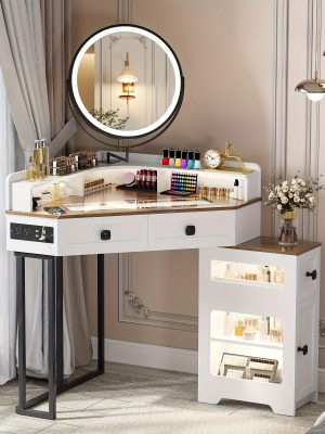 Dystler Corner Vanity With Mirror And Lights, Modern Makeup Vanity Set With Charging Station For Bedroom/Cloakroom, Glass Top Vanity Table With Drawers And Shelves, White