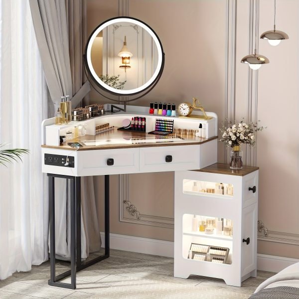 product-fancy-354d720b-1b9d-48a7-af70-5329f89e69c1 Dystler Corner Vanity With Mirror And Lights, Modern Makeup Vanity Set With Charging Station For Bedroom/Cloakroom, Glass Top Vanity Table With Drawers And Shelves, White