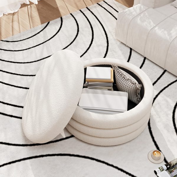 product-fancy-35689b2c-ee28-44a0-bb53-3a1de83e998e 30 Inch Round Ottoman Coffee Table with Storage & Sherpa Top - Large Multi-Functional Modern Footrest Suitable for Couch, Cream White Frame/Plywood Base Furniture for Living Room, Space-Saving Tray Table for Small Spaces