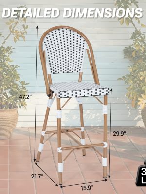 French Counter Height Bar Stool Set of 2, 30" Patio Rattan Bar Stool Chairs, Outdoor Armless Barstools for Porch Garden Indoor