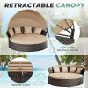 [Round Daybed With Canopy] Outdoor Patio Round Daybed With Retractable Canopy, Clamshell Sectional Seating Wicker Furniture With Washable Cushions For Backyard, Lawn, Poolside, Garden, And Outdoor Living Spaces, Brown