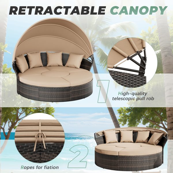 [Round Daybed With Canopy] Outdoor Patio Round Daybed With Retractable Canopy, Clamshell Sectional Seating Wicker Furniture With Washable Cushions For Backyard, Lawn, Poolside, Garden, And Outdoor Living Spaces, Brown
