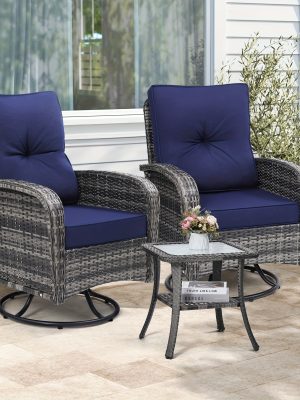 3pcs Patio Furniture Set, Outdoor Swivel Rocking Chairs with Glass Top Table and Thick Cushions for Porch, Deck, Balcony, Poolside, Patio Table And Chairs Set, Outdoor Dining Table And Chairs, Patio Chairs, Outdoor Furniture, Patio Set, Porch Seating, Deck Furniture, Cozy Outdoor Set, Swivel Chair, Garden Furniture Outdoor, Garden Chair, Outdoor Table And Chair Set, Bistro Patio Set, Patio Furniture Set Outdoor, Outdoor Patio Furniture Set, Small Patio Furniture Set, Front Porch Decor