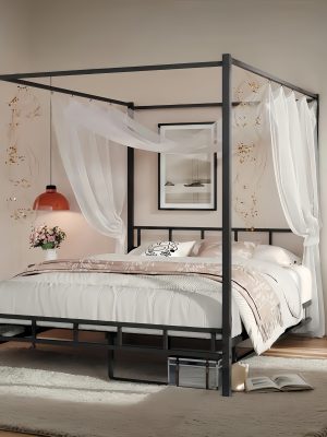 [Queen Canopy Bed Frame] Full Queen Canopy Bed Frame With Headboard And Footboard, Mattress Foundation Platform With Metal Slats Support, No Box Spring Needed, Easy Assembly, Black
