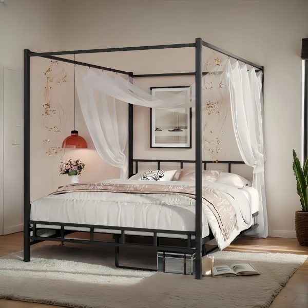 [Queen Canopy Bed Frame] Full Queen Canopy Bed Frame With Headboard And Footboard, Mattress Foundation Platform With Metal Slats Support, No Box Spring Needed, Easy Assembly, Black