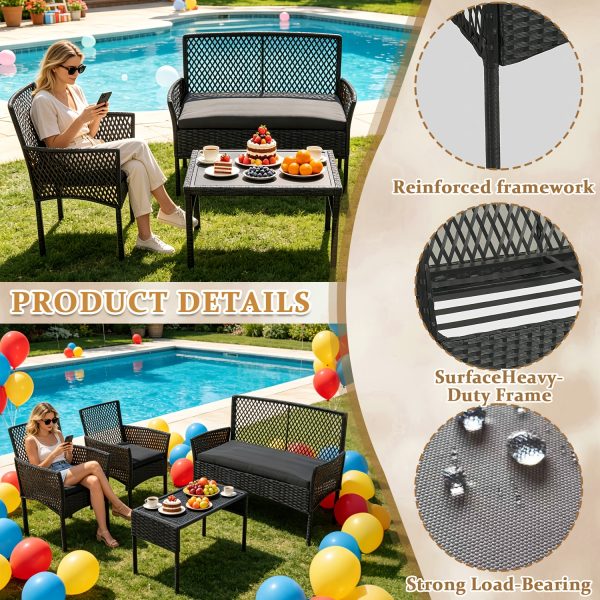 [Outdoor Rattan Set] 4pcs Outdoor Wicker Patio Furniture Set Rattan Conversation Group With Cushions, Coffee Table For Porch, Garden, Poolside & Backyard, Black - Patio Furniture Outdoor