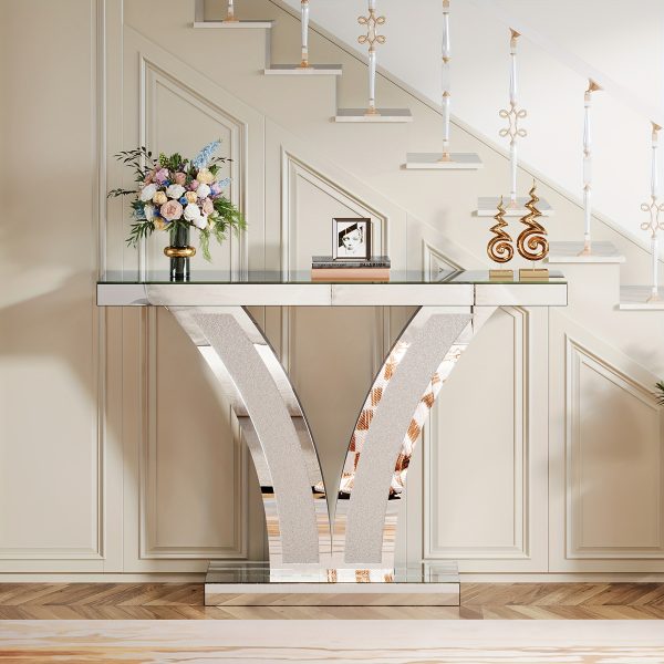 product-fancy-367c4cd1-071b-4019-86f0-4ff01474fb56 Mirrored Console Table, Modern Sliver Entryway Sofa Table With Crystal Inlay Frames For Living Room, Hallway, Foyer