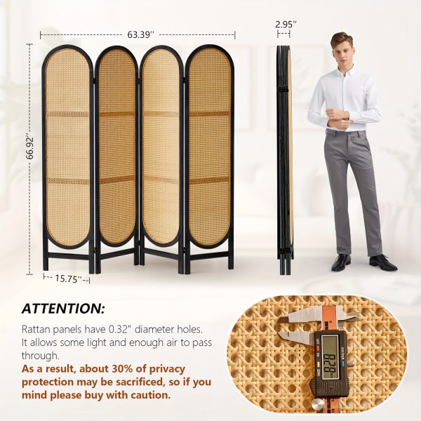 product-fancy-369b9f41-e5e1-481b-86ed-e15af7d5f738 4 Panels Room Dividers And Folding Privacy Screens, Hand-Woven Rattan Room Divider Wall, Wood Room Divider Freestanding Room Partitions Screen For Home Office Bedroom, Black