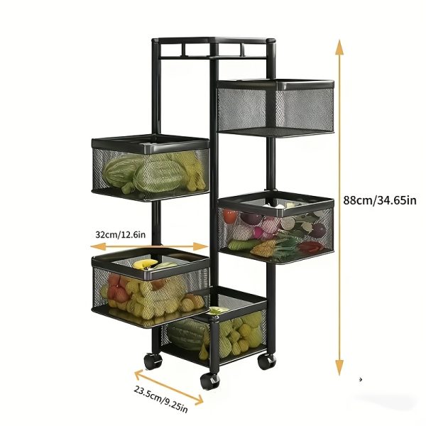 product-fancy-36ebeba7-9306-4c35-9278-c7a44ff08933 Rotating Kitchen Storage Shelf 5 Tier, Metal Fruit Vegetable Storage Basket Multi-Layer Vegetable Rack Storage Trolley on Wheels, Floor-Standing Basket for Kitchen Bathroom, Square