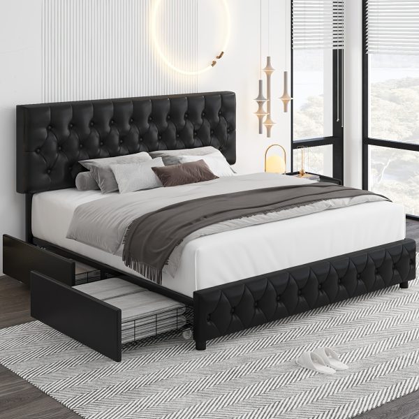 product-fancy-37331329-5d11-47d2-8b73-88d5b86b83b6 Modern Upholstered Bed Frame with 4 Storage Drawers, Platform Bed Frame with Button Tufted Headboard, Solid Wooden Slat Support