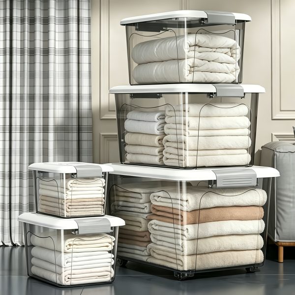 product-fancy-373f342d-e28e-4720-835d-465a4001753b 2pcs Set of Large Capacity Stackable Plastic Storage Bins with Lids, Featuring Double Locking Latches, Wheels, and a Grey Striped Design. These Multi-functional Storage Boxes Are Perfect for Organizing Clothes,, and Closets.