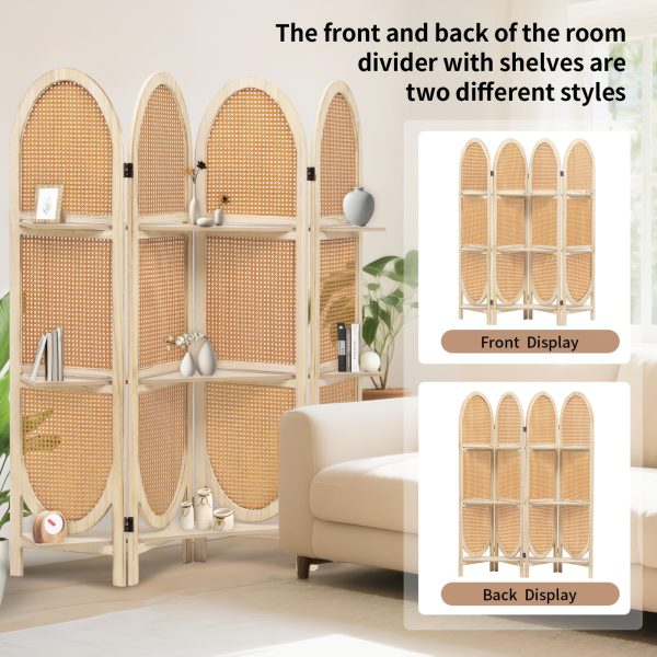 product-fancy-376c676d-de77-4668-b976-205a596b40f5 Four-Panel Wooden Room Divider, Collapsible with a Hand-Woven Rattan Privacy Screen - Room Partitions Featuring Three Display Shelves, Ideal for Home, Office, Study, Or Art Exhibitions