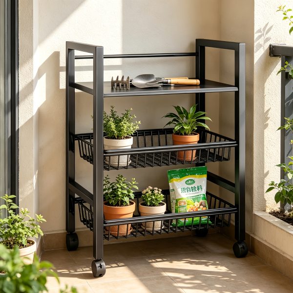 Kitchen Storage Shelf with Mesh Baskets, Metal Frame Serving Cart with Wheels, Rolling Baker's Rack with Adjustable Shelves, for Kitchen Bathroom Living Room Office