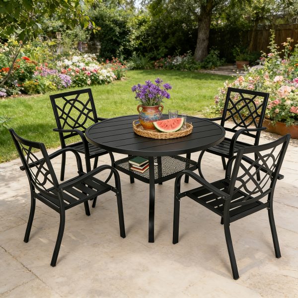 5/7pcs Outdoor Dining Set, Including 4/6 New Dining Chairs And 1 Round Table (53"/41") - Heavy Iron Frame, Adjustable Umbrella Holes (1.57"-1.97")