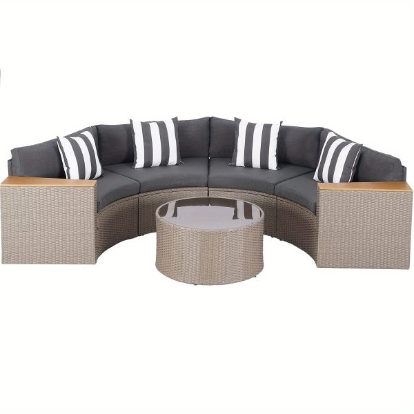 Outdoor Half Moon Patio Furniture 5pcs Curved Outdoor Sofa, All-Weather Outdoor Sectional Furniture Patio Conversation Sets with Round Tempered Glass Top Table with Cushion